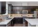 Modern kitchen with dark cabinetry, stainless steel appliances and a corner sink at 2108 Lobelia Dr, Lake Mary, FL 32746