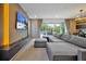 Open living space with large sectional sofa and sliding doors to backyard at 836 Desert Mountain Ct, Reunion, FL 34747