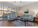 Living Room with blue sofa, coffee table and access to the patio and pool at 2361 Silver Palm Dr, Kissimmee, FL 34747