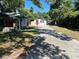 Front view of charming house with stone facade and red door at 221 N Julia Ave, Deland, FL 32720