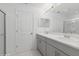 Double vanity bathroom with gray cabinets and shower at 5286 Tuscany Ln, Davenport, FL 33897