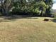 Large grassy backyard with a firepit, partially shaded by trees at 1111 South St, Eustis, FL 32726