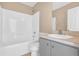 Clean bathroom with a shower/tub combo and gray vanity at 610 Crane Dr, Poinciana, FL 34759