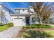 Two-story house with blue shutters, a white exterior, and a landscaped lawn at 1593 Mulligan Blvd, Davenport, FL 33896