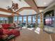 Large living room with panoramic water views and cozy seating at 100 Blue Lake Ct, Longwood, FL 32779