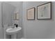 Simple, clean bathroom with pedestal sink, mirror, and botanical-themed wall art at 3331 Private Oak Dr, Apopka, FL 32703