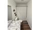 Clean bathroom with marble-look vanity and grey striped curtain at 604 Madison Dr, Davenport, FL 33837