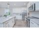 Close-up view of the modern kitchen showcasing the stainless steel appliances, white cabinets, and granite countertops at 840 Livestock Loop, St Cloud, FL 34771
