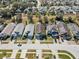 Aerial view of a residential street with houses and solar panels at 422 Troon Cir, Davenport, FL 33897