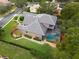 An aerial view showcasing a home with a pool, a screened lanai, and a landscaped backyard at 25510 High Hampton Cir, Sorrento, FL 32776