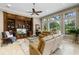 Inviting living room with built-in shelves, fireplace, and large windows at 25510 High Hampton Cir, Sorrento, FL 32776