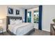 Guest bedroom with gray upholstered bed and white bedding at 10774 Pahokee Beach Pl, Orlando, FL 32827