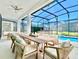 Covered patio with a dining table, comfortable seating, a pool, and a hot tub at 6234 Sand Skipper Rd, Orlando, FL 32821