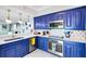 Modern kitchen with blue cabinets, gold accents, and stainless steel appliances at 7593 Gathering Dr # 802, Reunion, FL 34747