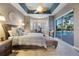 Spacious main bedroom with a ceiling fan, plantation shutters, and a view of the pool at 715 Sanctuary Dr, Oviedo, FL 32766