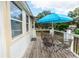 Deck with patio furniture and a blue umbrella, overlooking the backyard at 1413 Dorothy Ave, Haines City, FL 33844