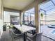 Covered patio with dining table and pool view at 4563 Narrative Ln, Kissimmee, FL 34746