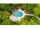 Aerial view of a kidney shaped pool and surrounding landscape at 2162 Se Mill Creek Cir, Ocala, FL 34471