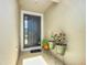 Front entry with dark-stained door and potted plants at 8857 Sw 50Th Ter, Ocala, FL 34476