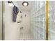 Spa-like shower with glass block feature wall and hexagon tile floor at 1218 Se 11Th St, Ocala, FL 34471