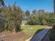 Landscaped backyard with a spacious lawn, wooden fence, and brick pathway at 13166 Se 86Th Cir, Summerfield, FL 34491