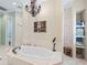 Elegant bathroom with soaking tub, chandelier, and ample storage at 3000 Nw 79Th Avenue Rd, Ocala, FL 34482