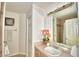 Bathroom with single sink vanity, large mirror, and shower/tub combo at 1608 Forest Hills Ln, Haines City, FL 33844