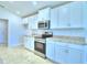Modern kitchen with white cabinets, granite countertops and stainless steel appliances at 1261 Tagliamento Ln, Haines City, FL 33844