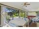 Relaxing sunroom with a hot tub, table and chairs, and view of the backyard at 466 Muirfield Ct, Winter Haven, FL 33884