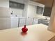 Kitchen features white appliances, gray cabinets, and a laundry closet at 414 Banana Cay Dr # I, South Daytona, FL 32119