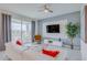 Living room features white sofa, large TV, balcony access, and water view at 3121 Paradox Circle 207 # 207, Kissimmee, FL 34746