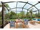 Relaxing screened patio with wooden furniture, ideal for outdoor dining and lounging at 709 Carmel Ln, Kissimmee, FL 34759