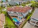 Aerial view showcasing the house's layout and pool at 7459 Gathering Dr, Reunion, FL 34747