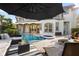 Relaxing pool and spa area with patio furniture and umbrella at 7459 Gathering Dr, Reunion, FL 34747