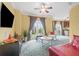 Spacious living area with a view, featuring a red couch and built in cabinetry at 7459 Gathering Dr, Reunion, FL 34747