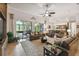 Open living room with leather sofas, large TV, and access to the lanai at 203 Escondido Ct, Poinciana, FL 34759