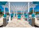 Poolside pergola with turquoise lounge chairs and patio furniture at 9047 Rhodes St, Kissimmee, FL 34747