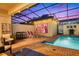 Evening view of backyard with pool, movie screen, and patio furniture at 9047 Rhodes St, Kissimmee, FL 34747