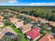 Aerial view showcasing a residential neighborhood with houses, tree-lined streets, and green areas at 722 Coronado Dr, Kissimmee, FL 34759
