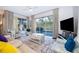 Living room with comfy furniture, a large TV, and pool view at 2918 Sunset Retreat Ct, Kissimmee, FL 34747