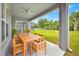 Covered patio with wooden dining set, overlooking a lush green backyard at 5421 Los Palma Vista Dr, Orlando, FL 32837