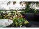 Vibrant red flowers in a pot near poolside seating at 5126 Fairway Oaks Dr, Windermere, FL 34786