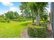 Landscaped backyard with lush lawn and mature trees at 196 Ventana Dr, Poinciana, FL 34759