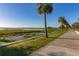Concrete walkway with palm trees alongside a calm lake at 1402 Westminster Way, Kissimmee, FL 34744