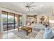 Spacious living room with a large sectional sofa, access to a patio, and views of the pool at 7435 Gathering Ct, Reunion, FL 34747