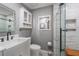 Modern bathroom with gray walls, white vanity, and frameless shower at 4321 Rummell Rd, Saint Cloud, FL 34769