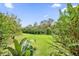 View of a lush green backyard with mature trees at 7650 Whisper Way # 203, Reunion, FL 34747