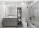 Modern bathroom featuring double sinks, a shower/tub combo, and stylish gray vanity at 632 Pinewood Dr, Davenport, FL 33896