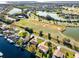 Aerial view of property near golf course and canal, showing a home with large yard at 2545 Harris Blvd, Kissimmee, FL 34746