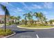 Landscaped entrance to a residential community with palm trees and curving roadway at 8984 Silver Pl, Kissimmee, FL 34747